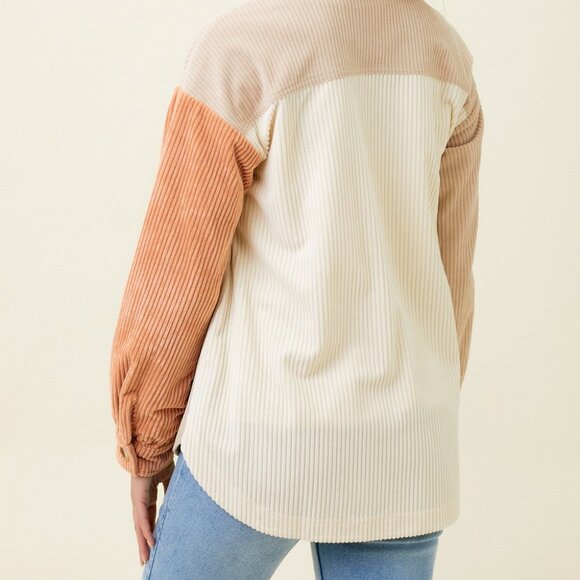 MYSTREE Colorblock Corduroy Shacket, Neutral Beige Cream Camel Button-Up Jacket - Picture 5 of 7